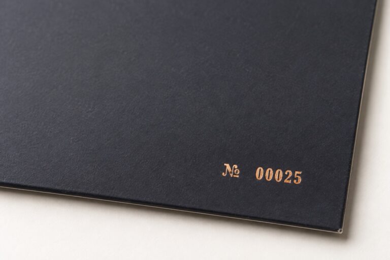 Copper-gold foil serial number No. 00025 on a dark record jacket — generated illustration based on a Hanaton reference photo.